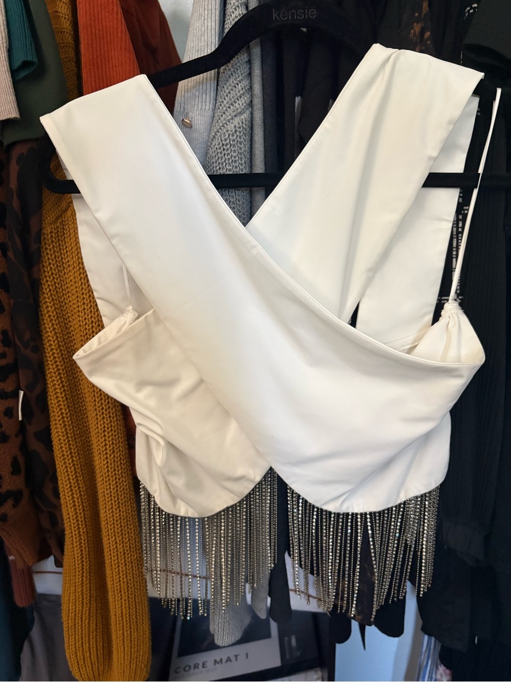 12th Tribe White Cross-Front Crop Top with Silver Fringe
